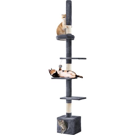 Homevive Árbol para Gatos de Suelo a Techo Torre Rascador para Gatos con Altura Ajustable 226-265,5 cm con Cueva 4 Plataformas Gris Oscuro (1/5)