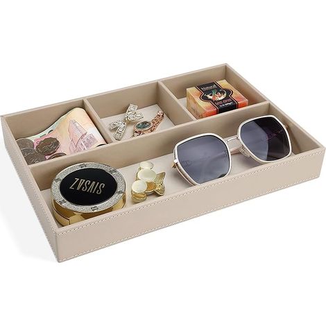 Plateau Vide Poche en Cuir, Organisateur de Tiroir Chevet et Bureau à 4 Compartiments, Boîte de Rangement Clés, Portefeuille, Téléphone, Montres, Bijoux, Argent, Boutons de Manchette(Beige) (1/5)