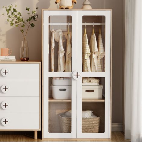 Armadio per bambini 80x50x150 cm bianco e naturale in MDF con ante in acrilico e ripiani regolabili (1/5)
