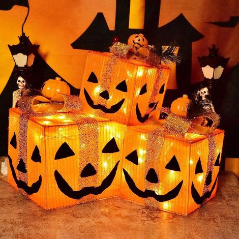 JSSEVN - Cajas de regalo iluminadas para Halloween, cajas de regalo decorativas con LED y 8 modos, adornos navideños iluminados para uso interior y exterior. (1/5)