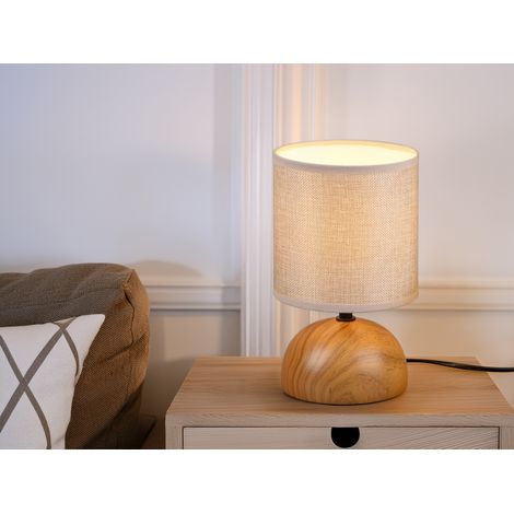 Kleine LED Tischleuchte Keramik in Holzoptik Stoffschirm Beige, Höhe 23cm (1/5)