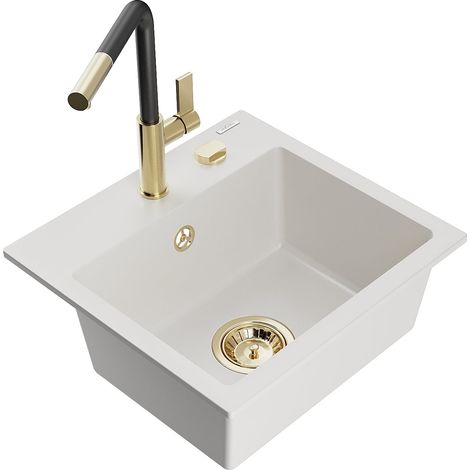 Mexen Milo Granitspüle 1er-Kammer mit Küchenarmatur Flora, weiß - 6505-20-670401-57-G (1/5)