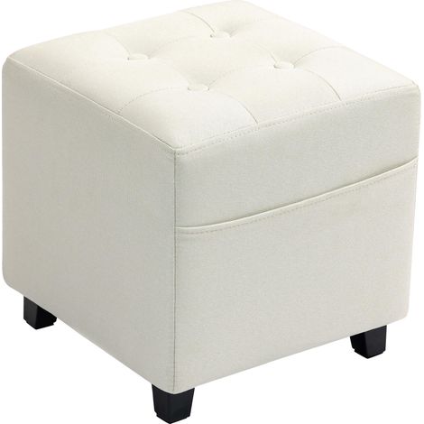 Tabouret de salon, pouf bas en lin avec poche latérale et couvercle rembourré à boutons, couleur crème (1/5)