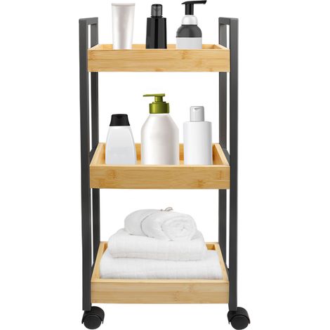 Scaffale portaoggetti per il bagno a 3 ripiani, scaffale con ruote, carrello con ruote, scaffale in piedi, scaffale per il bagno, carrello da cucina con ruote, nero (1/5)