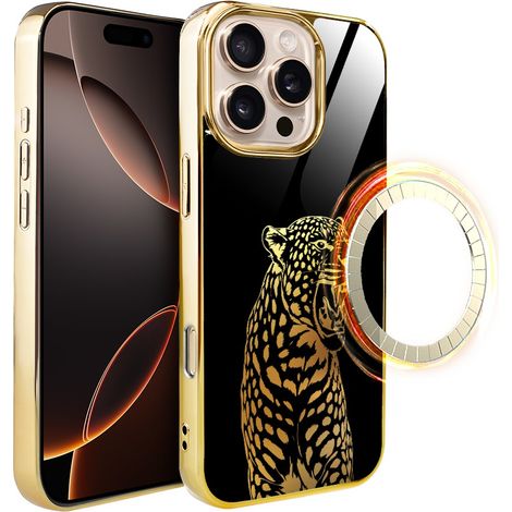 Custodia in vetro ibizu Elite per iPhone 16 Pro con MagSafe, retro in vetro, Golden Midnight, Roaring Jaguar, oro (1/5)