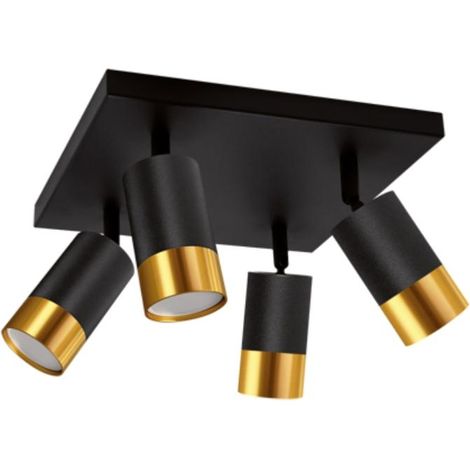 Plafonnier 4 Spots Orientables Carré NOIR et OR pour Ampoule GU1