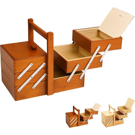 Cestino portacucito in legno a 3 livelli con apertura a scaletta e 5 pratici scomparti per fili, aghi e accessori da sartoria - Dotato di maniglia e c (1/5)