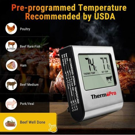 Digitales Fleischthermometer TP16 mit großem LCD-Display für Smoker, Backofen, Küche, Grill, BBQ – mit Timer und Edelstahl-Temperaturfühler (1/5)