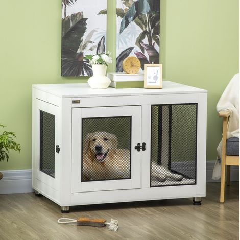 Jaula interior para perro 94x60x71,5 cm de madera blanca, ahorra espacio para salón FloraGrace (1/5)
