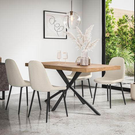 Donni Dining Table And Chairs - Oak Effect Table Top w Black Legs + Maya Boucle Dining Chair Set Of 6 (Ivory White) (1/5)