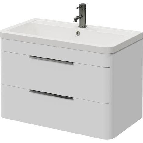 Oslo Gloss White 800mm Wall Mounted 2 Drawer Vanity Unit with Anya Basin - 800mm - Gunmetal Grey 300mm Finger Pull