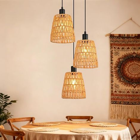 GBLY Lampada Suspension Boho Rotin 3 Fiamme Vintage Intrecciata Corde di Lino E27 Senza Lampada Per Sala da Pranzo Camera (1/5)