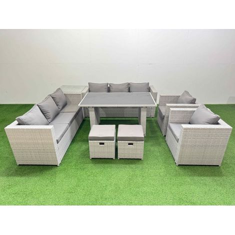 Fimous 10 Seater Wicker PE Rattan Furniture Outdoor Dining Table 3 Seater Sofa Armchair Set with Side Table 2 Small Stools Light Grey (1/5)