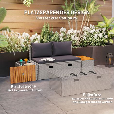 Canapé transat 2 places en résine tressée, double chaise longue avec repose-jambes, coffre de rangement, coussins inclus, 125 x 114 x 72,5 cm, gris