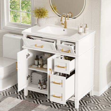 Meuble vasque salle 7646.586cm de bain avec vasque en céramique, grand rangement à tiroirs, fermeture amortie, protection anti-débordement, blanc (1/5)