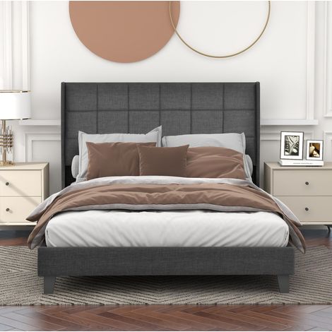 Letto matrimoniale imbottito in lino grigio 140x200 cm con rete a doghe e materasso a molle insacchettate H3 (1/5)