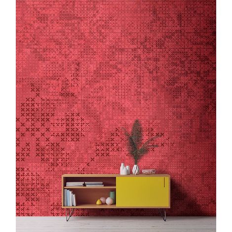 Papier peint panoramique rouge à motifs croix noir | Tapisserie panoramique tendance et lumineux | Papier peint panoramique design idéal couloir - 270 x 400 cm (4 pièces) (1/5)