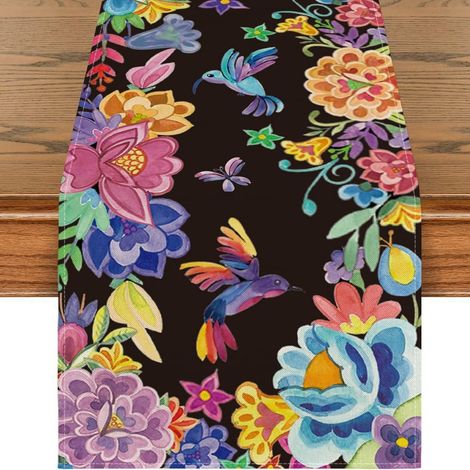Chemin de table mexicain pour la Fête des Morts, motif floral et crânes, décoration d'Halloween pour salon et meuble TV - 30 x 180 cm (polyester) - WSJZQ-25