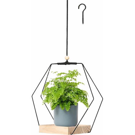 Rondelle de pots décorative Artisanale Hexagone 23cm Fer Noir + Bois de 2.9cm Support mural ou décoration intérieure pour fleurs (1/5)