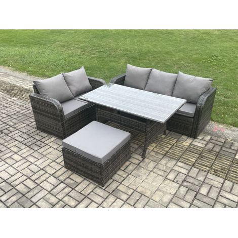 Fimous Outdoor Garden Patio Furniture Wicker Rattan Oblong Rectangular Dining Table and Lounge Sofa set with Big Footstool Dark Grey Mixed (1/5)
