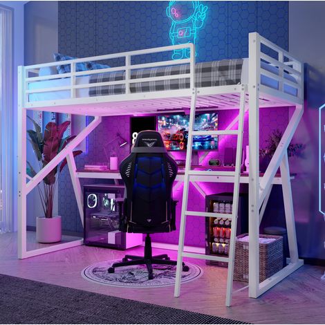 Lit mezzanine enfant 90 x 200 cm avec bureau, LED, échelle et garde-corps, blanc (1/5)