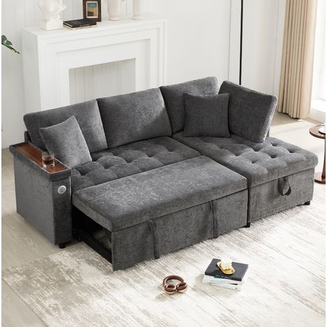 CHICFURN Divano angolare convertibile 209x130x84 cm in ciniglia grigio scuro con USB e contenitore (1/5)
