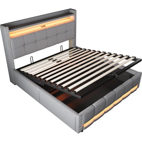 Cama doble tapizada 160x200 cm con LED, USB, almacenaje y arcón hidráulico gris claro (1/5)