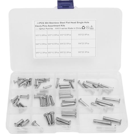Kit d'assortiment rond en forme de T, goupille de chape en acier inoxydable, trou unique, tête plate, 12 tailles, pour voiture, 64 pièces