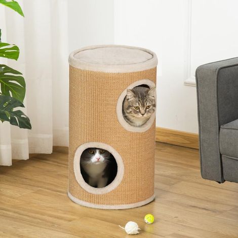 Arbre à chat spacieux, revêtement en peluche, surface en sisal, Ø 35 x 60 cm (H), marron-beige, 10 kg (1/5)