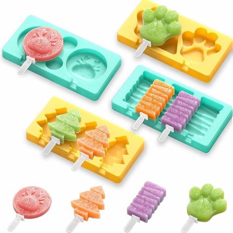 Set di 4 stampi per ghiaccioli per bambini con disegni di cartoni animati, in silicone, con bastoncini riutilizzabili, rivestimento antiaderente e fondo piatto. (1/5)
