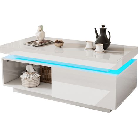 Mesa de centro con 1 Cajón y LED, Acabado Brillo Lacado, en Tablero de Partículas, 100×50×40,3 cm, Blanco (1/5)