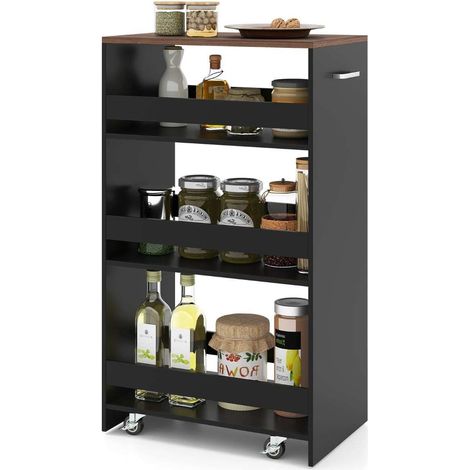 30cm Wide Niche Trolley with Handle & Railings, 4 Tiers, Kitchen Trolley, Niche Shelf, Black+Vintage (1/2)