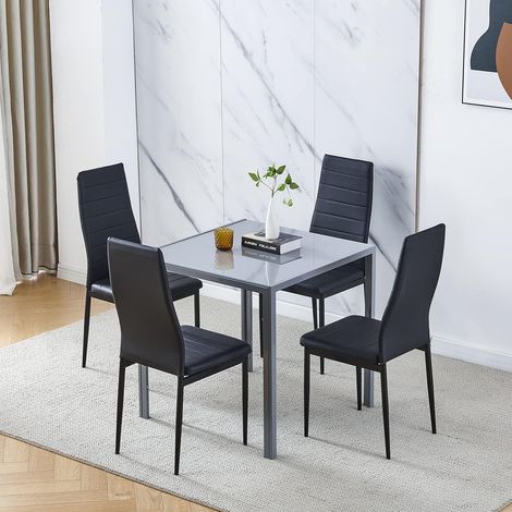 Dining Room Set, Grey Glass Dining Table with Chairs, 75x75 cm Square Glass Table and Chairs for Small Room (Table with 4 Chairs, Black Faux Leather)