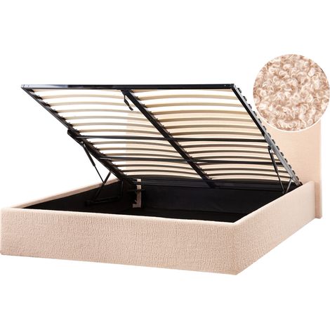 Cama tapizada de bouclé 140 x 200 cm con almacenaje cabecero elevable beige Orbey (1/5)