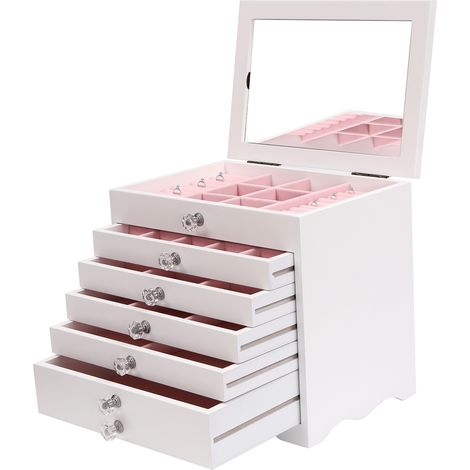 Grand coffret à bijoux avec couvercle en verre, coffret à bijoux en bois à 7 niveaux, 5 tiroirs pour boucles d'oreilles, colliers, montres, bagues Blanc (1/5)