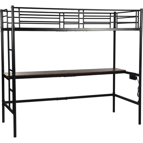 FurnitureR Lit superposé 90 x 200 cm en métal avec bureau, cadre de lit en métal avec station de recharge (2 prises secteur et 2 ports USB), escalier, sans matelas, protection anti-chute et sommier à  (1/5)