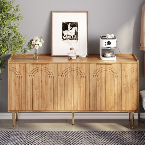 Buffet 140x38x75 cm naturel en MDF avec 4 portes, étagères réglables et pieds en métal doré (1/5)