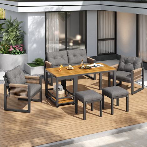 Set di mobili da giardino grigio/naturale da 4 pezzi, divano a 2 posti 140x66x80 cm, tavolo rimovibile, braccioli intrecciati (1/5)