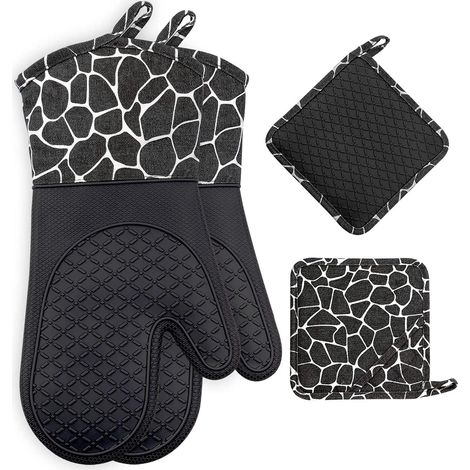 Silicone Gants de Cuisine, Gants de Barbecue Résistant à Chaleur 1 Paire et 2 Maniques, Parfait pour Grill BBQ Cuisine Four de Cuisson (Black) (1/5)