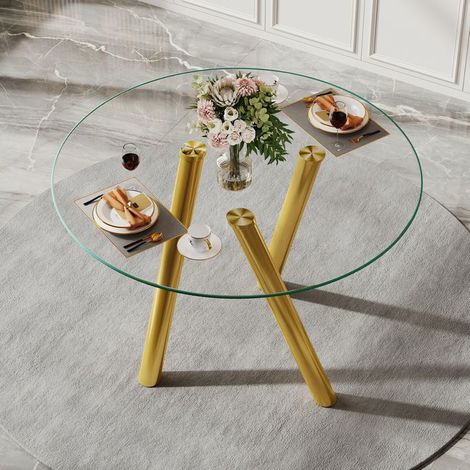 Table à manger 89 cm verre trempé table de salle à manger plateau rond pieds en métal doré robustes (1/5)