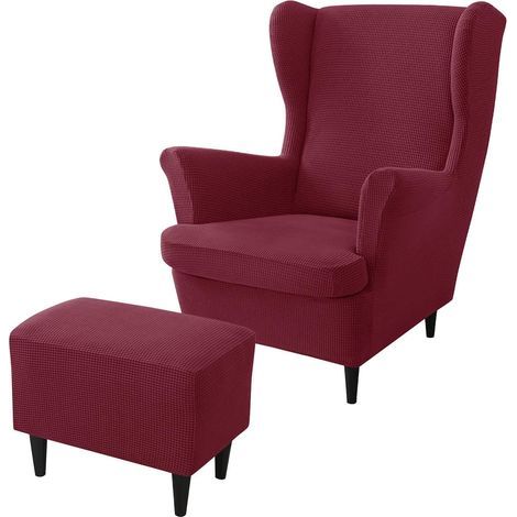 Ensemble de housses pour fauteuil à oreilles – Rouge bordeaux – Incluant housse de fauteuil, housse de coussin d’assise et housse de repose-pieds (1/4)