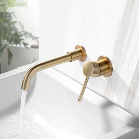 Wall-mounted washbasin tap, brass, 360° swivel spout, hot and cold water, single-lever wall-mounted tap, brushed gold (1/4)