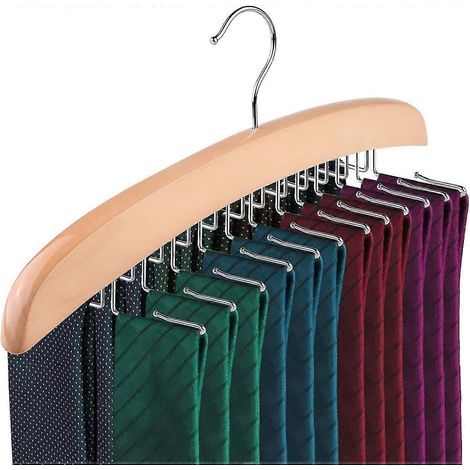 Crochet porte-cravates en bois, cintre multifonctionnel à crochet unique pour 24 cravates, porte-cravates en bois naturel, support pour ceintures et cravates, idéal pour organiser votre dressing. (1/5)