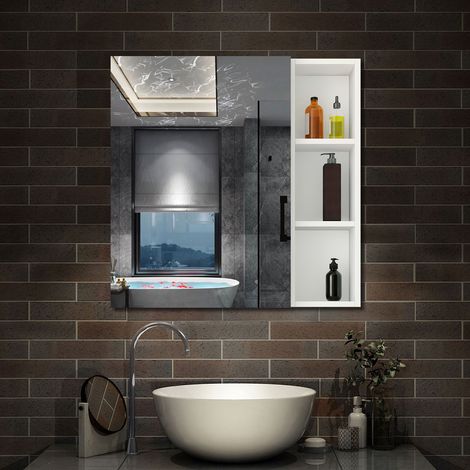 AICA Armoire murale salle de bain, 3 niveaux placard de rangement + 3 étagères latérales ouvertes(70x40x13 cm + 70x20x13 cm), Armoire de toilette sans LED, Blanc (1/5)