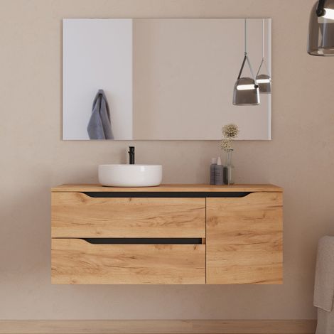 Meuble de salle de bain 120cm avec plateau, vasque à poser déportée à gauche Ares et miroir - 2 tiroirs et un placard - roble (chêne clair) - ZARZA