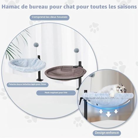 Lit de bureau pour chat - Rotation à 360° réglable en hauteur - Hamac pour chat d'intérieur avec maille et tissus lavables en peluche (Blanc) (1/4)