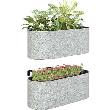 Lot de 2 pots/jardinières suspendus avec trou de drainage et crochet, 42 x 16 x 15 cm, gris clair résistant aux intempéries et à l'humidité (1/5)