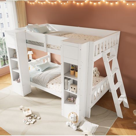 Letto a castello 90x200 cm bianco in legno massello e MDF con contenitori (1/5)