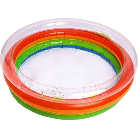 Aufblasbares Regenbogen-Kinderbecken 90 cm mit Glitzer im transparenten Rand 3 Luftringe PVC-Spielbecken für drinnen und draußen ideal zum mit im (1/2)