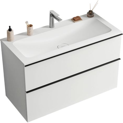 Unterschrank Bernstein LAVOA 80 cm mit Mineralguss Waschbecken CREAM - Badmöbelfarbe Weiß matt, Griff Schwarz matt, Waschbecken Weiß matt mit Hahnloch